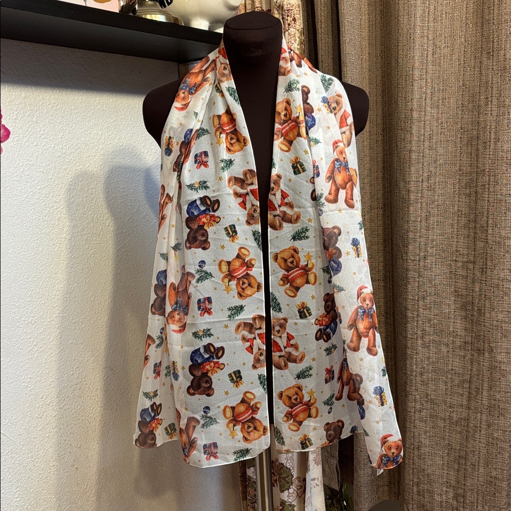 Vintage Teddy Bear semi-sheer white and multicolor scarf.